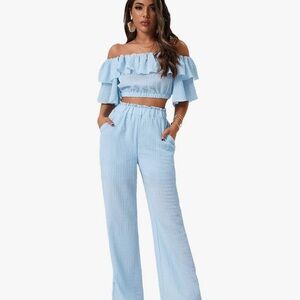 Romwe Women's 2 Piece Outfit Off The Shoulder Crop Top Wide Leg Pants Set